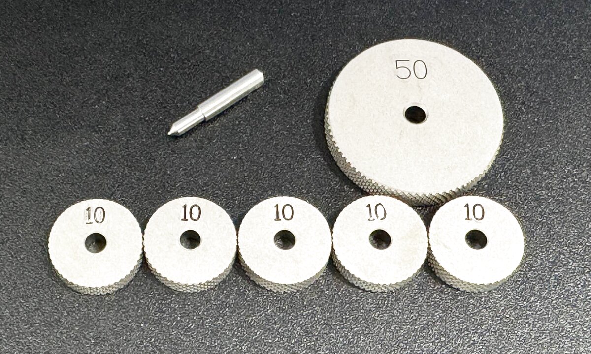 JIS K 7317測定ダイヤモンド針セット:ダイヤモンド引掻針 R0.1、リング分銅 50g×1・10g×5